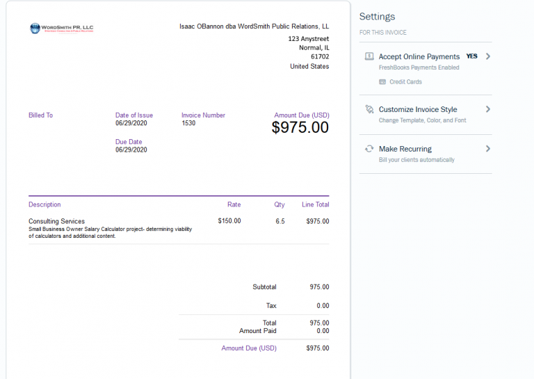 FreshBooks Invoice